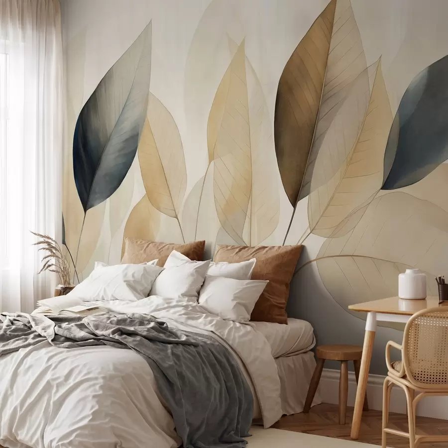 wall murals Textured painting imitation of leaves in shades of brown, yellow, and gray, with delicate veins and stems w09400