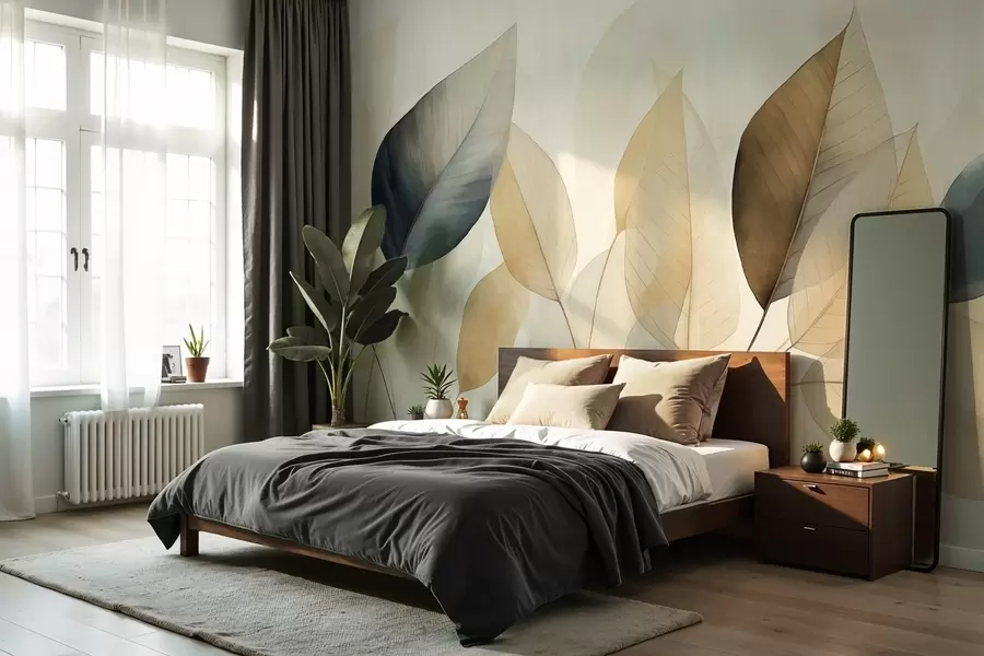 wall murals Textured painting imitation of leaves in shades of brown, yellow, and gray, with delicate veins and stems w09400