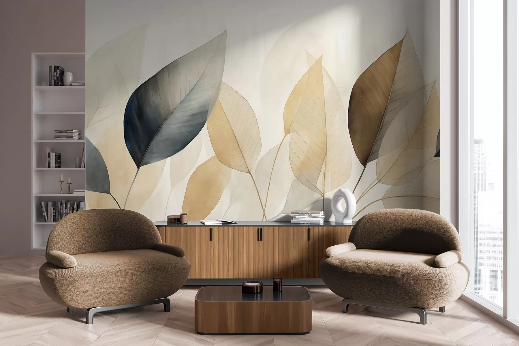 wall murals Textured painting imitation of leaves in shades of brown, yellow, and gray, with delicate veins and stems w09400
