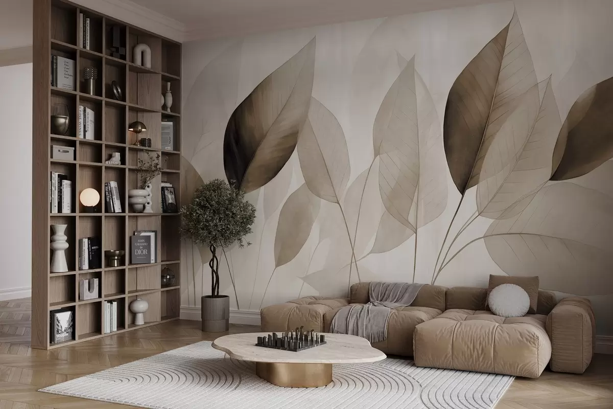 wall murals Textured painting imitation of leaves in shades of brown and beige with delicate veins and stems w09400v1