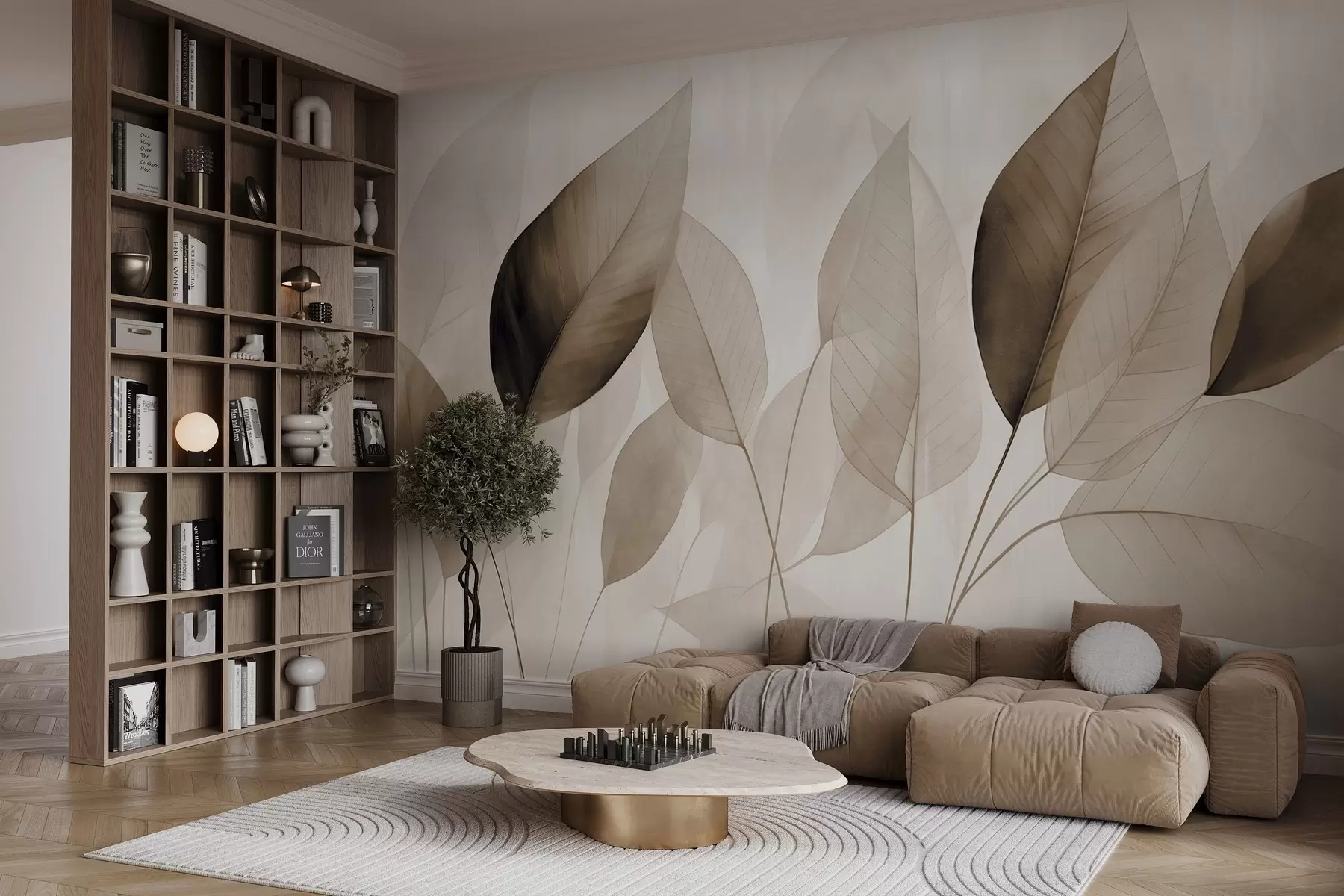 wall murals Textured painting imitation of leaves in shades of brown and beige with delicate veins and stems w09400v1
