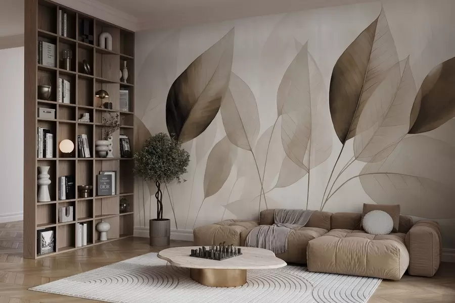 wall murals Textured painting imitation of leaves in shades of brown and beige with delicate veins and stems w09400v1