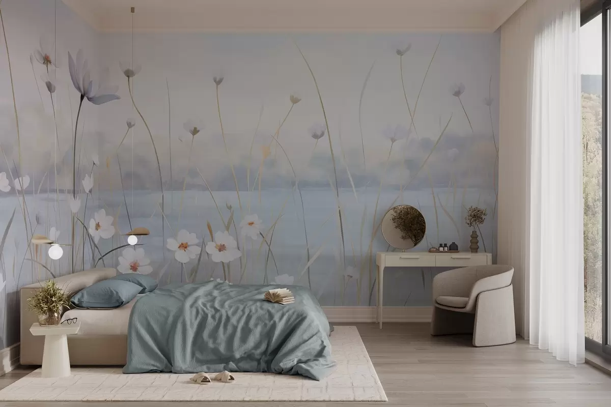 wall murals White flowers with long stems in a field, light blue sky, soft colors, textured, minimalist style, nature-inspired, calm background w09401