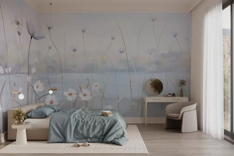 wall murals White flowers with long stems in a field, light blue sky, soft colors, textured, minimalist style, nature-inspired, calm background w09401
