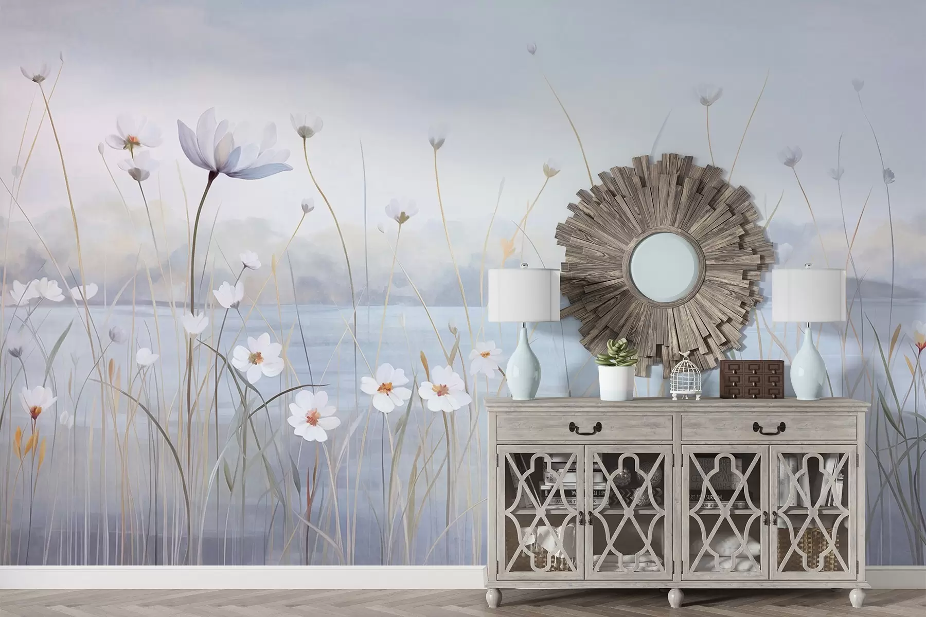 wall murals White flowers with long stems in a field, light blue sky, soft colors, textured, minimalist style, nature-inspired, calm background w09401