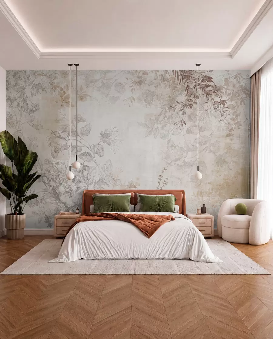 wall murals Vintage textured floral art with drawing style delicate garden flowers and leaves illustrations, soft pastel beige and sepia tones w09402