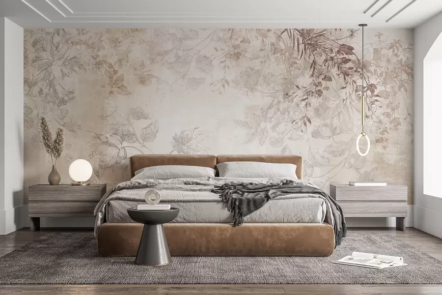 wall murals Vintage textured floral art with drawing style delicate garden flowers and leaves illustrations, soft pastel beige and sepia tones w09402