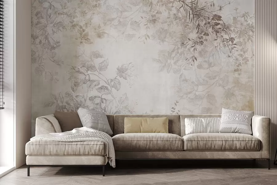 wall murals Vintage textured floral art with drawing style delicate garden flowers and leaves illustrations, soft pastel beige and sepia tones w09402