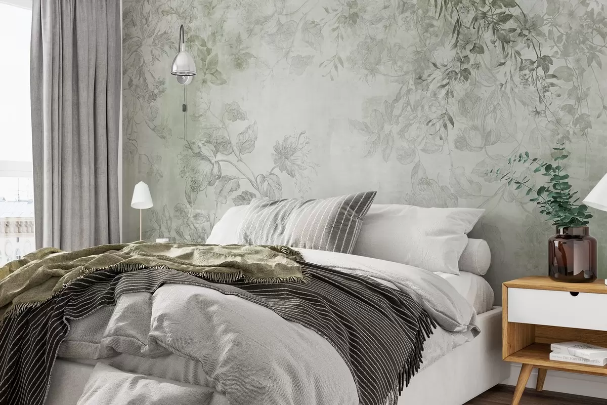 wall murals Vintage textured floral art with drawing style delicate garden flowers and leaves illustrations, soft green tones w09402v2