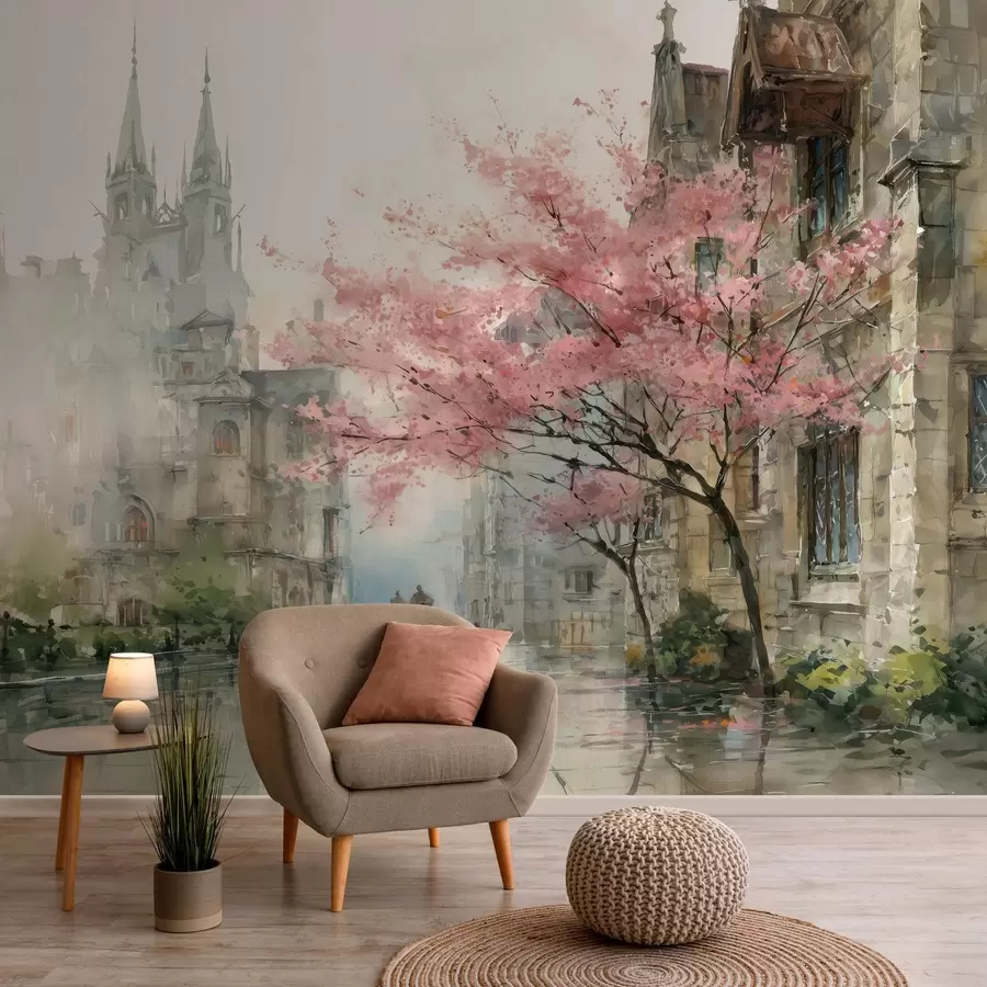 wall murals watercolour-style cityscape w04500