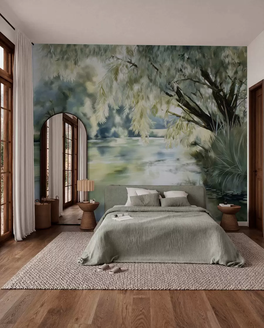 wall murals watercolour-style tree above the lake w04501