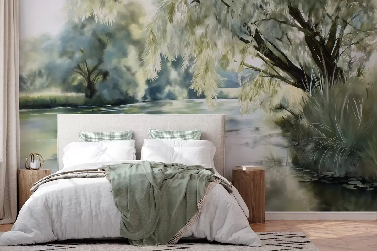wall murals watercolour-style tree above the lake w04501
