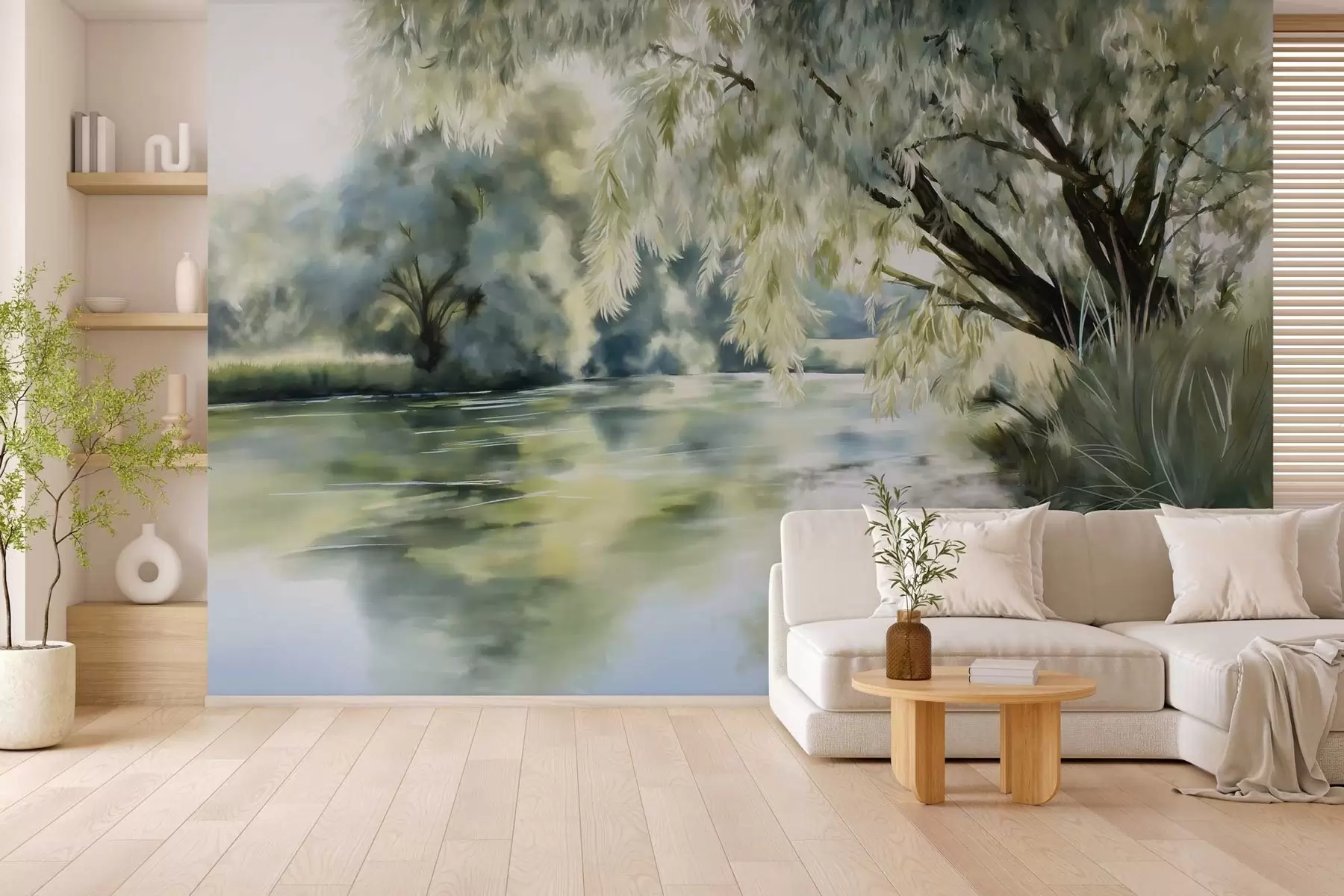 wall murals watercolour-style tree above the lake w04501