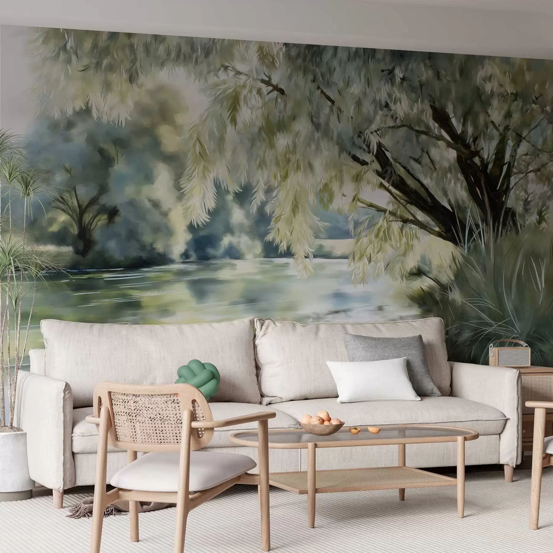 wall murals watercolour-style tree above the lake w04501
