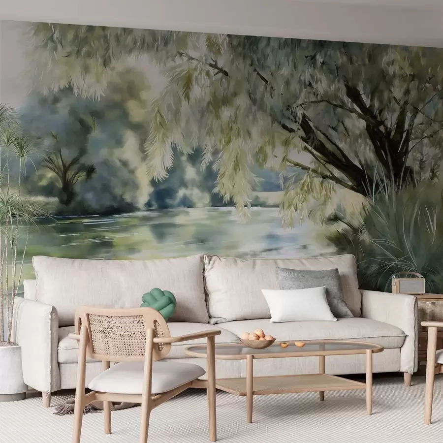 wall murals watercolour-style tree above the lake w04501