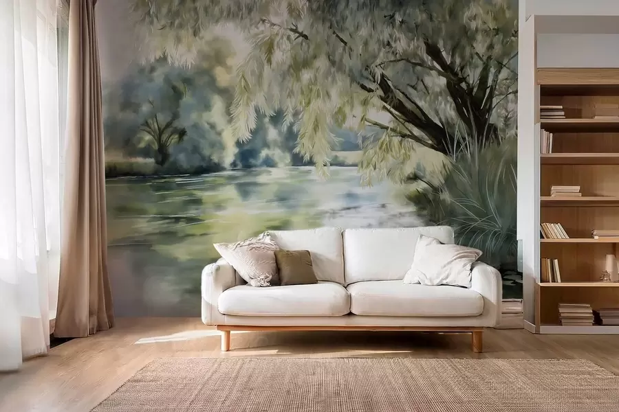 wall murals watercolour-style tree above the lake w04501