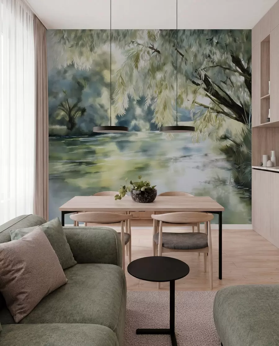 wall murals watercolour-style tree above the lake w04501