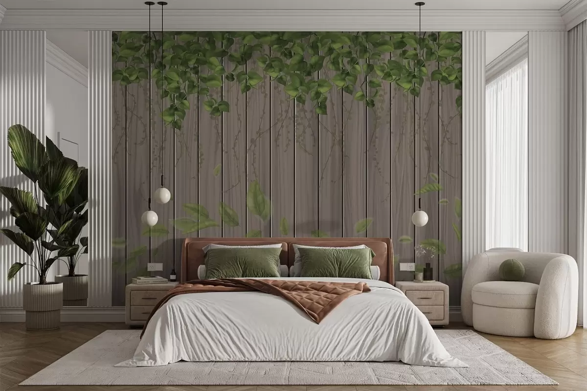 wall murals Imitation wooden boards with hanging leaves w04603