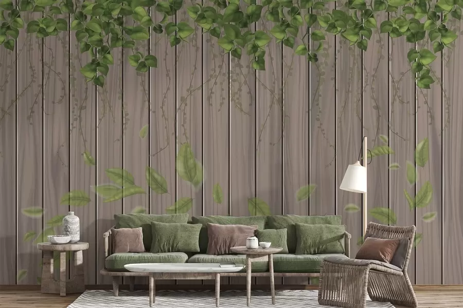 wall murals Imitation wooden boards with hanging leaves w04603