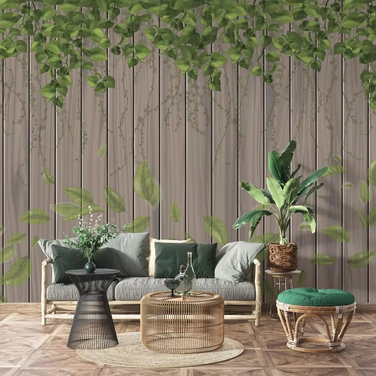 wall murals Imitation wooden boards with hanging leaves w04603
