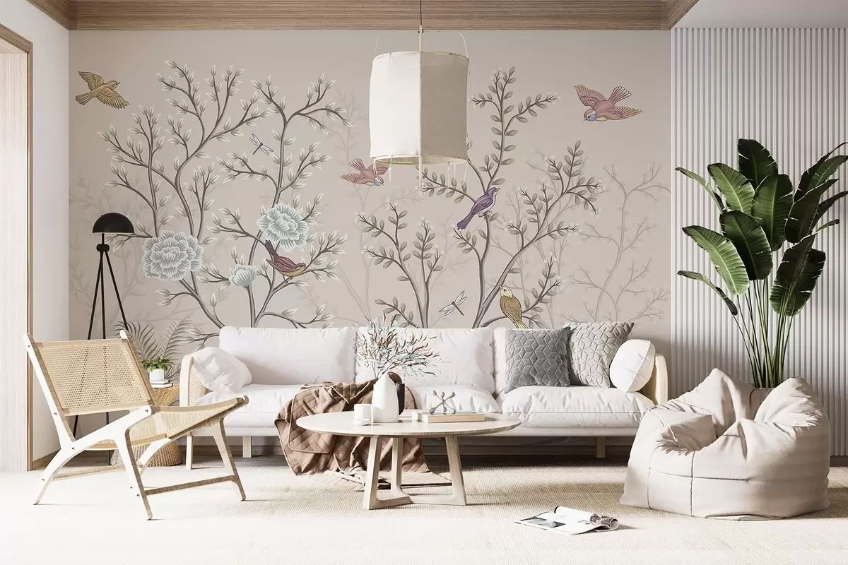 wall murals Trees with birds and flowers w04605