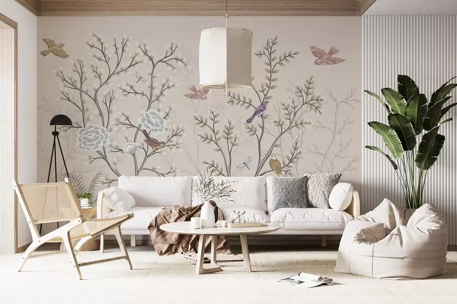 wall murals Trees with birds and flowers w04605