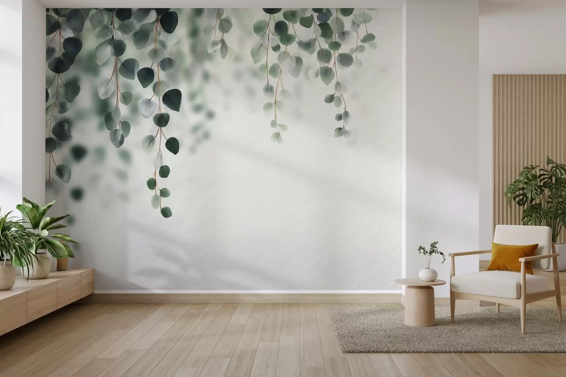 wall murals Falling eucalyptus on a light background w04393