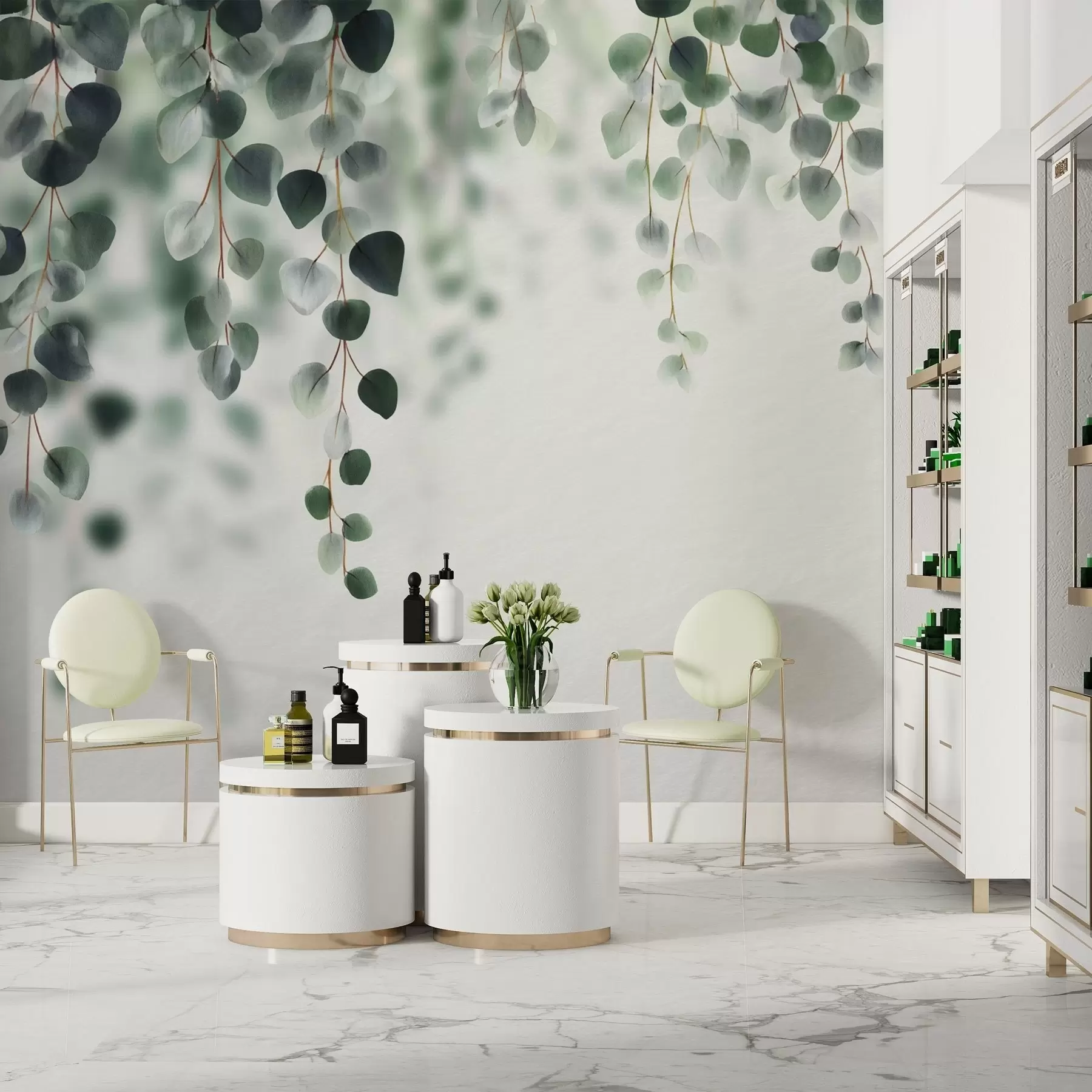 wall murals Falling eucalyptus on a light background w04393