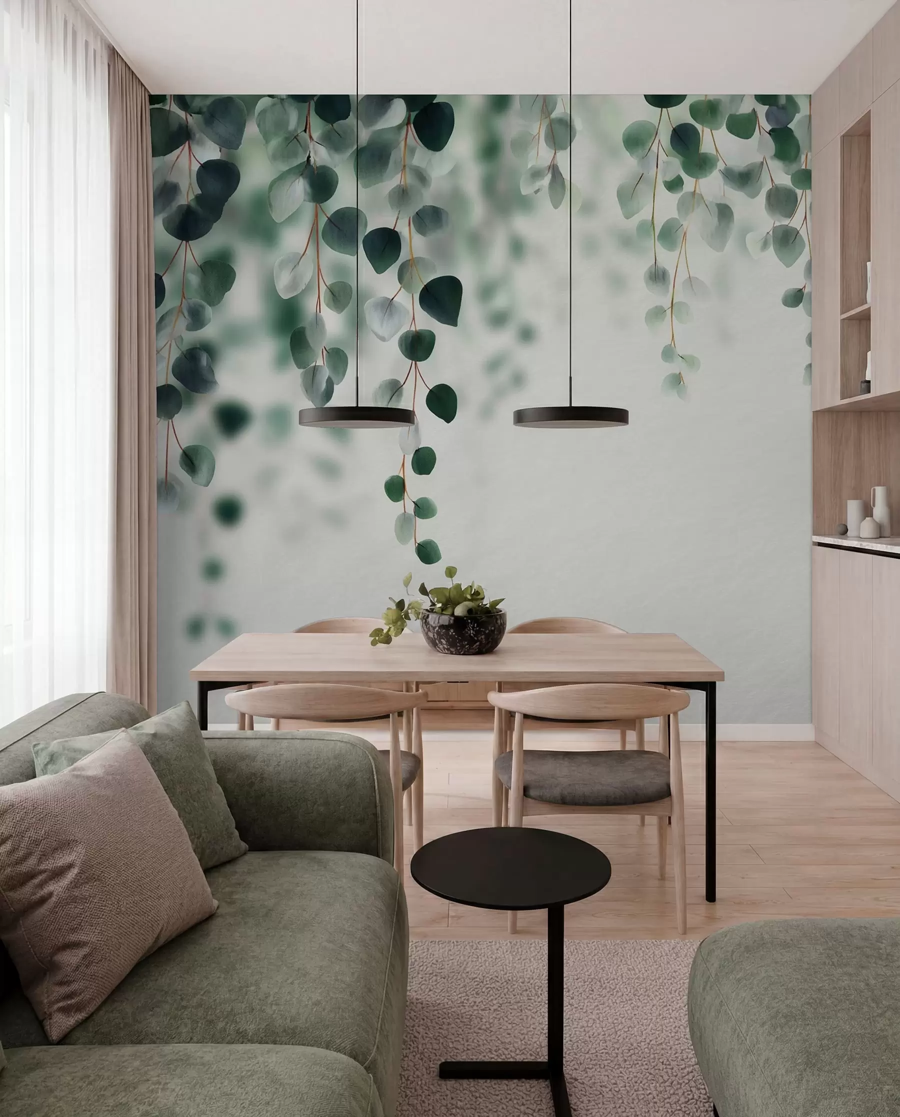 wall murals Falling eucalyptus on a light background w04393
