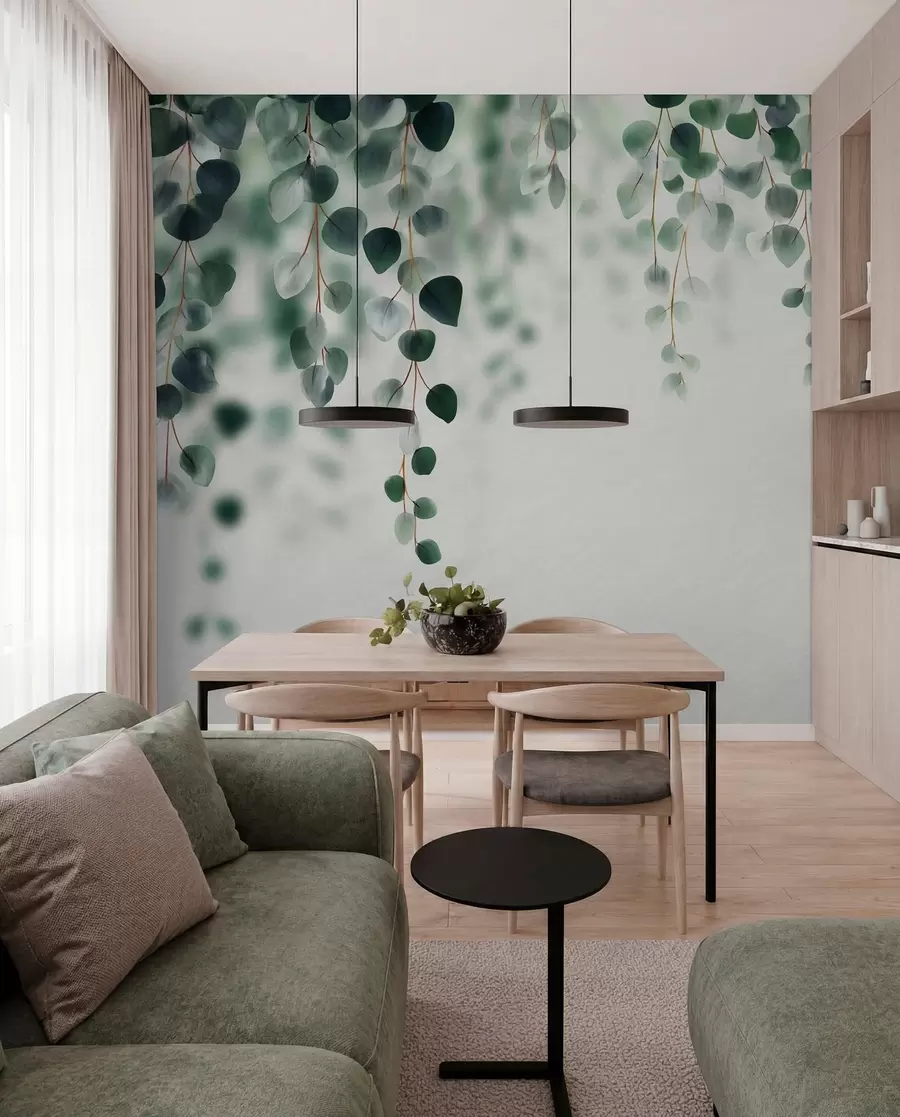 wall murals Falling eucalyptus on a light background w04393