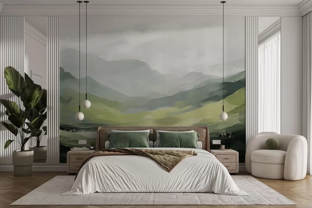 wall murals Abstract mountain landscape in shades of green w04447
