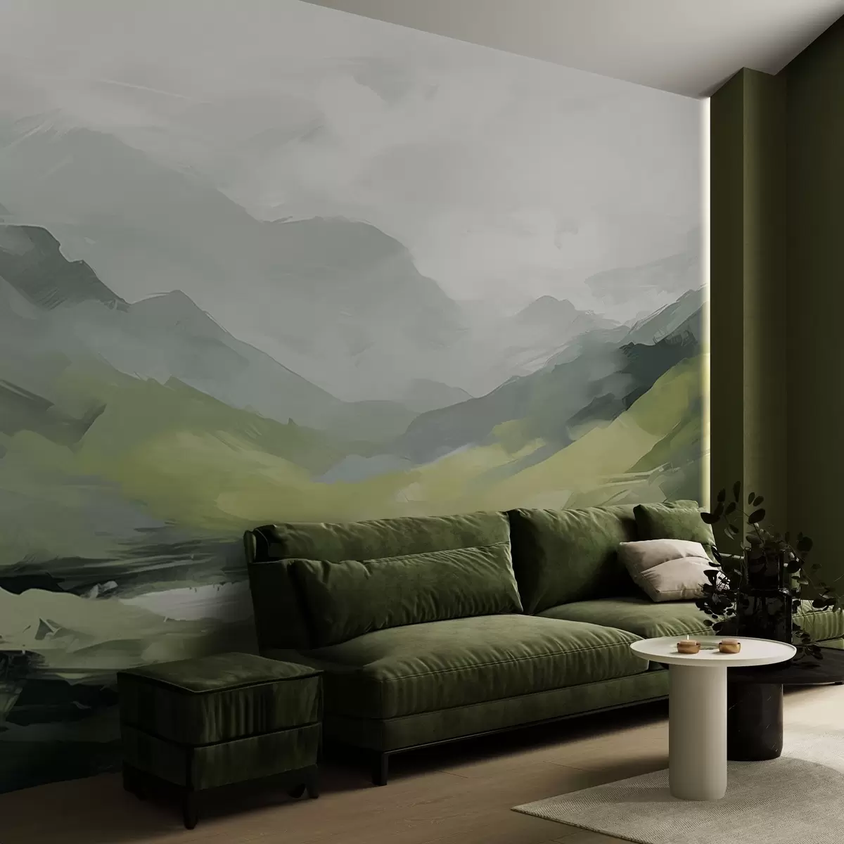 wall murals Abstract mountain landscape in shades of green w04447