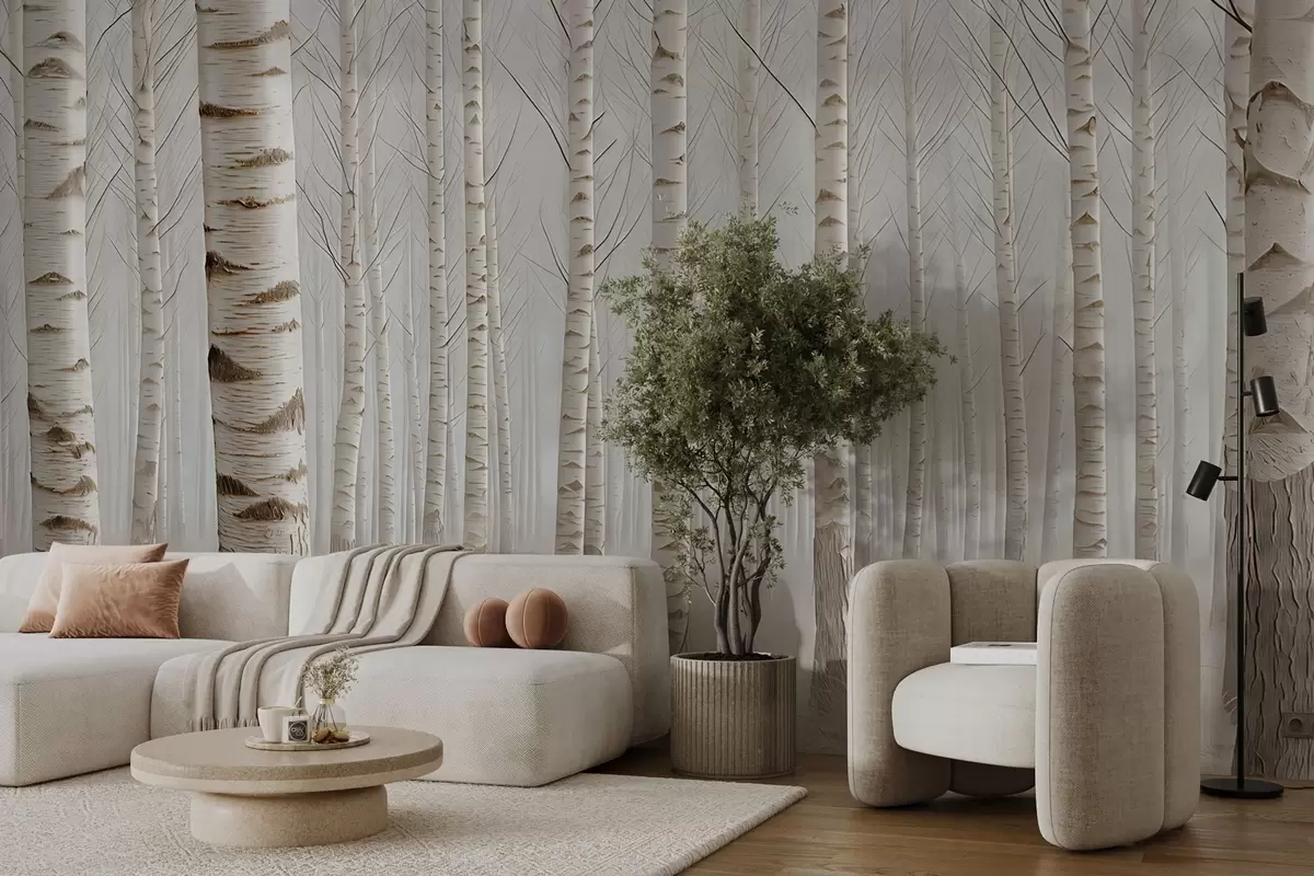 wall murals Birch forest in the fog, light minimalism w04574