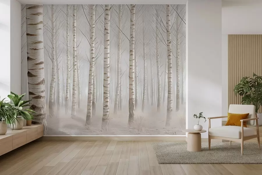 wall murals Birch forest in the fog, light minimalism w04574