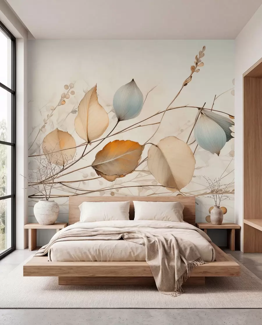 wall murals Delicate branches with leaves in beige tones w04579