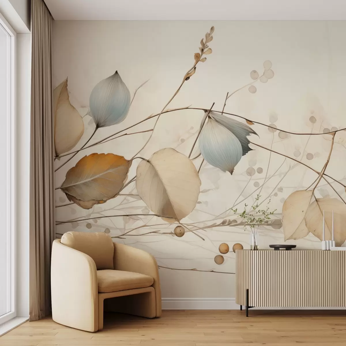 wall murals Delicate branches with leaves in beige tones w04579