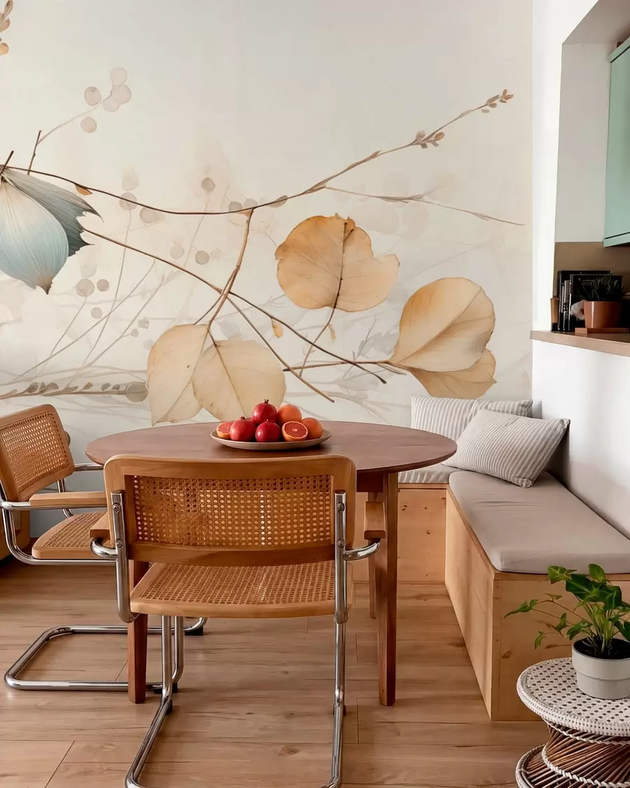 wall murals Delicate branches with leaves in beige tones w04579