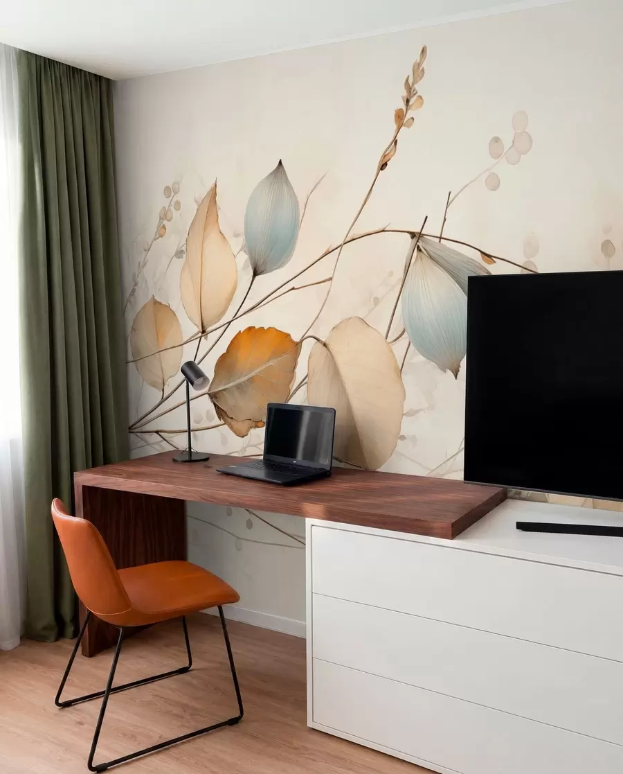 wall murals Delicate branches with leaves in beige tones w04579