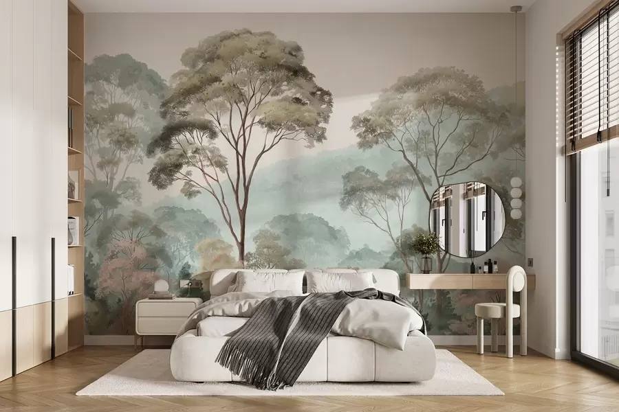 wall murals Misty morning in the forest in watercolor style w09405