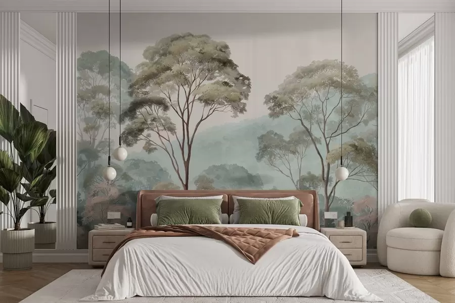 wall murals Misty morning in the forest in watercolor style w09405