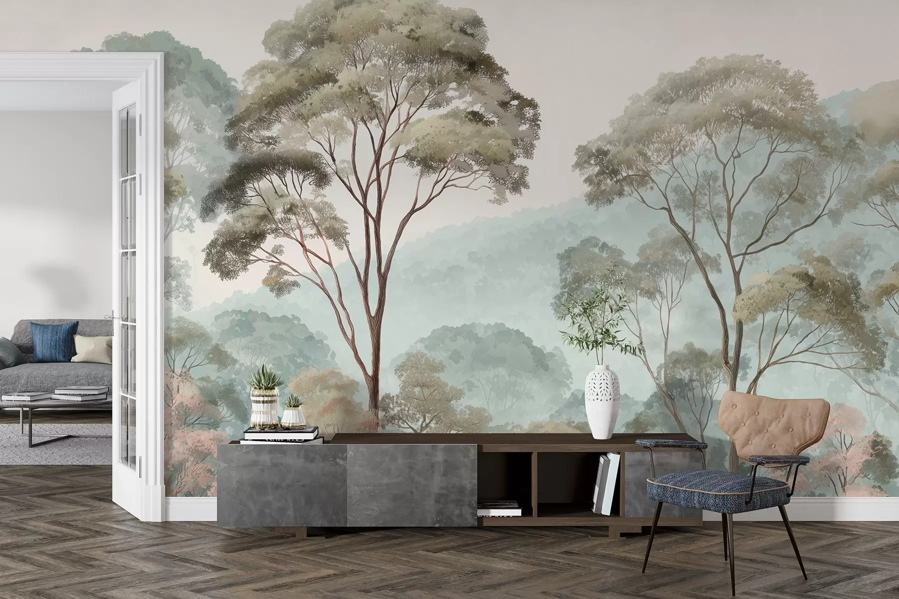 wall murals Misty morning in the forest in watercolor style w09405
