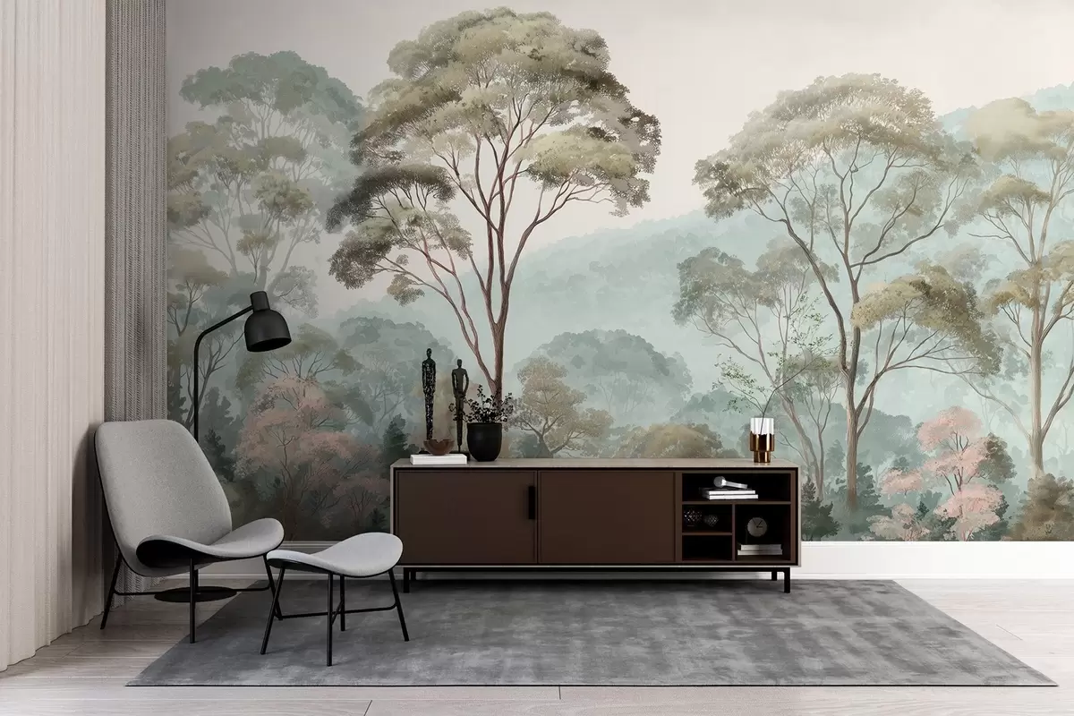 wall murals Misty morning in the forest in watercolor style w09405