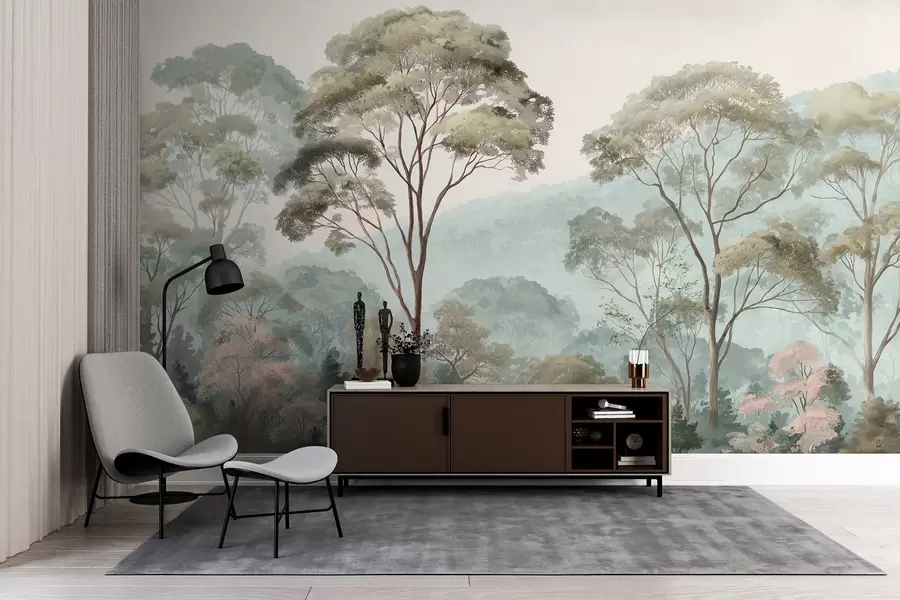 wall murals Misty morning in the forest in watercolor style w09405