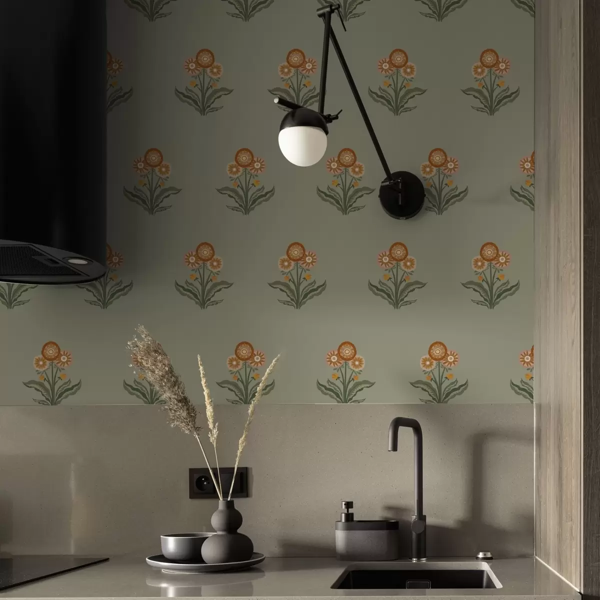 Wallpaper Stylized flowers on an olive background, warm tones a00494v2