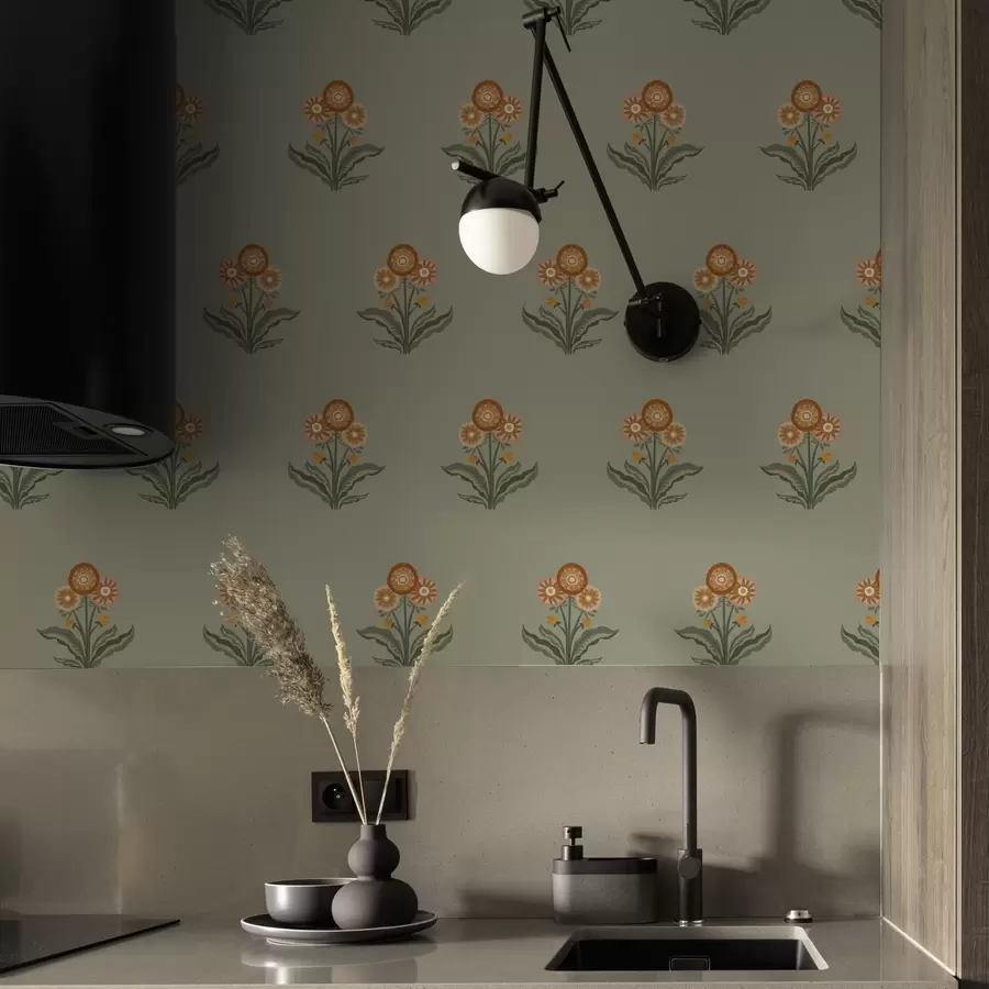 wall murals Stylized flowers on an olive background, warm tones a00494v2