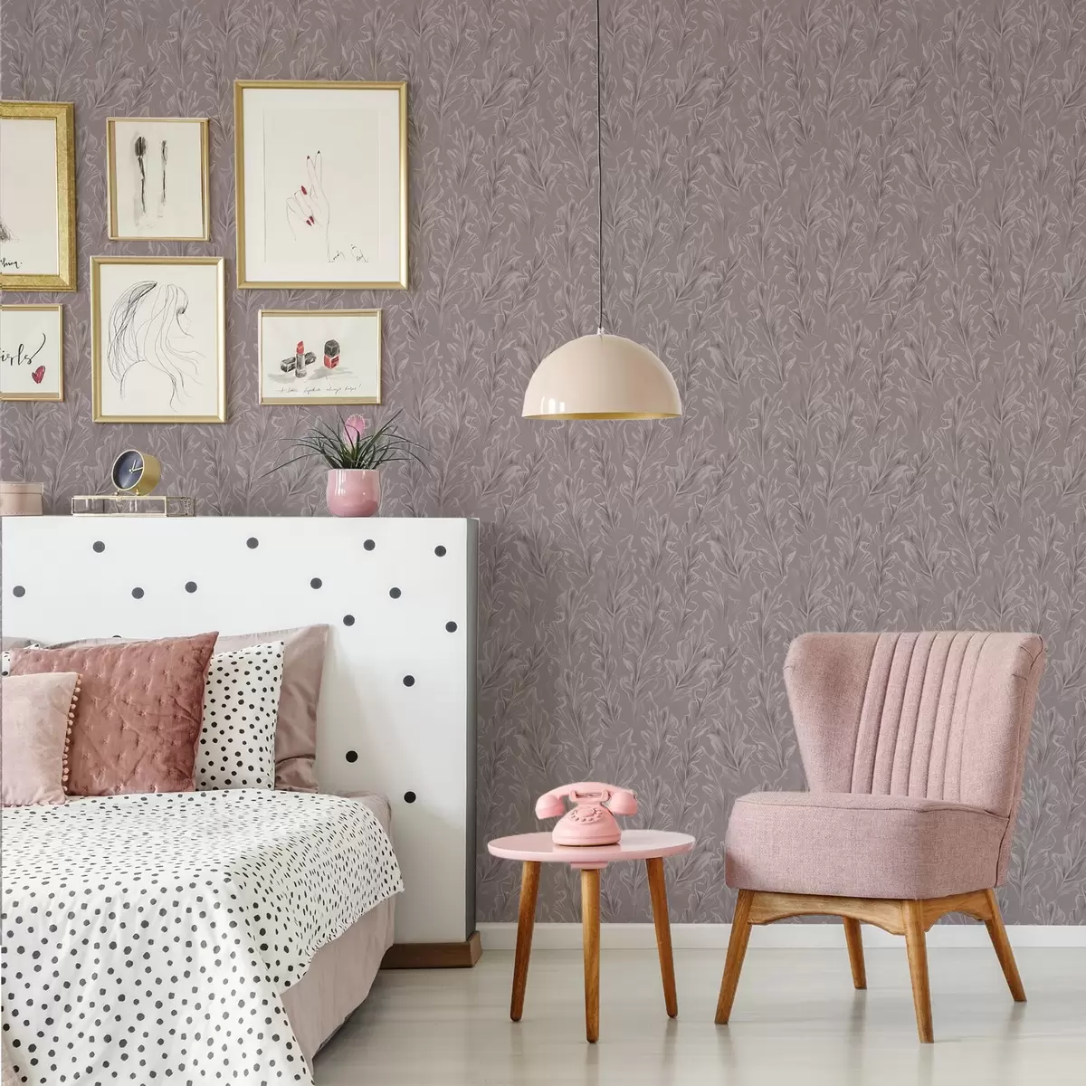 Wallpaper Flowing leafy waves in a dusty rose-beige palette a00495