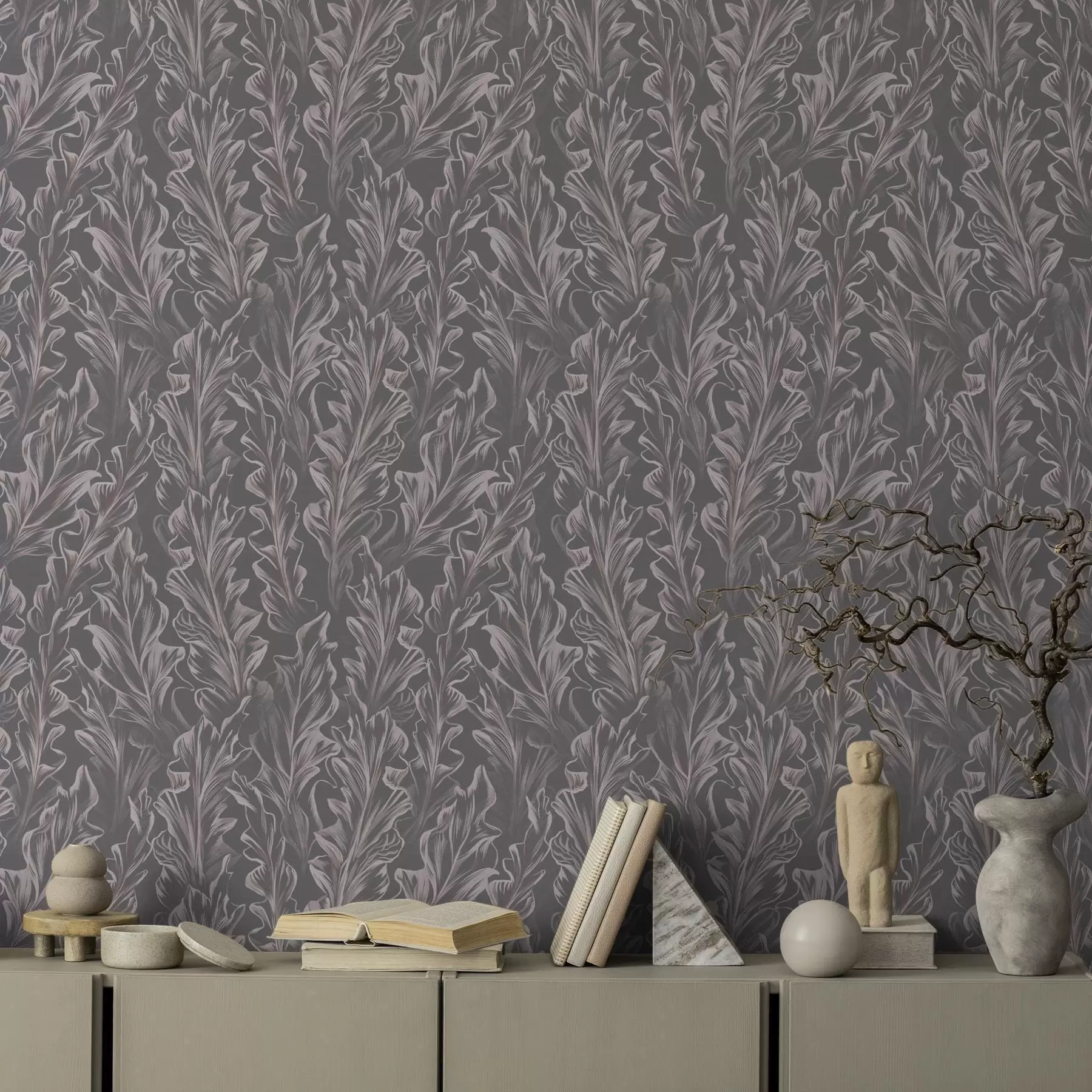 wall murals Flowing leafy waves on a graphite background, high contrast a00495v1