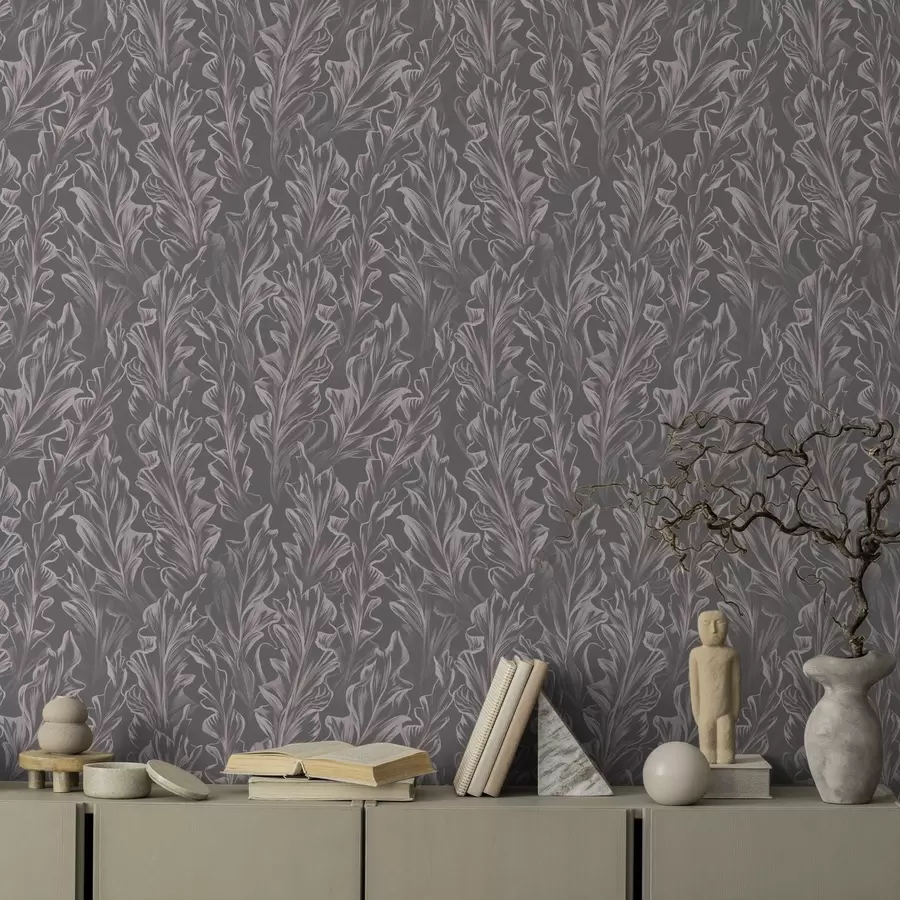 wall murals Flowing leafy waves on a graphite background, high contrast a00495v1