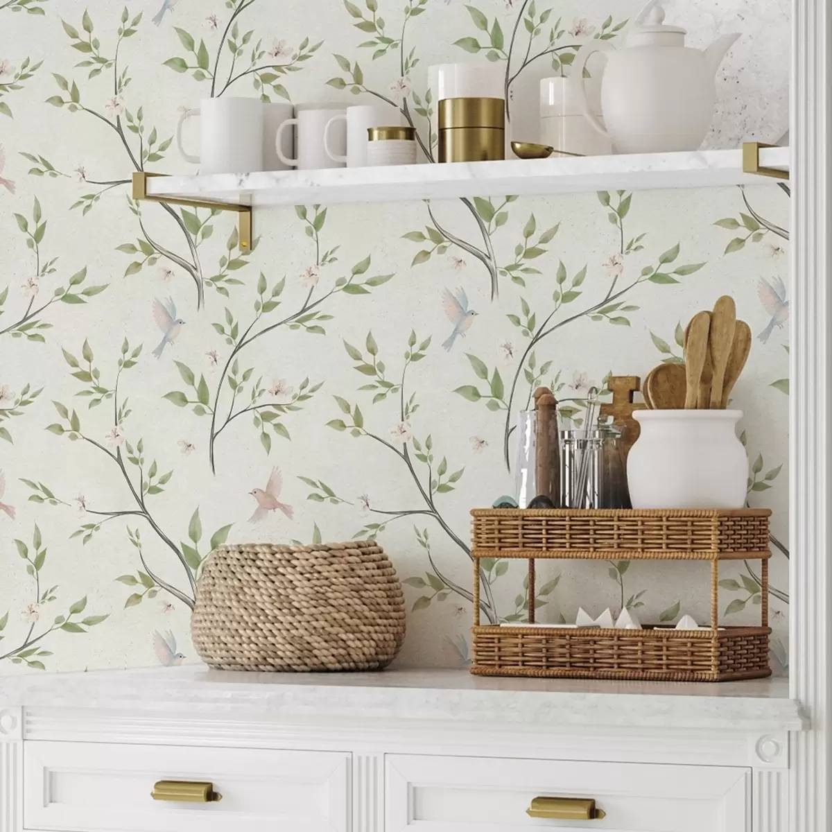 Wallpaper Watercolor branches with leaves and birds on a light ground a00496