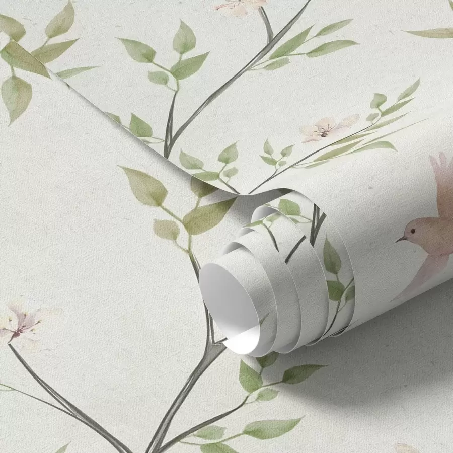 wall murals Watercolor branches with leaves and birds on a light ground a00496